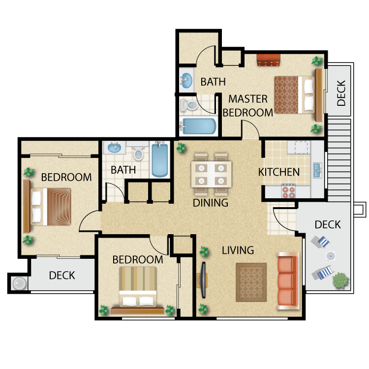 Floor plan for 3 beds, 2 baths, 1049 sqft