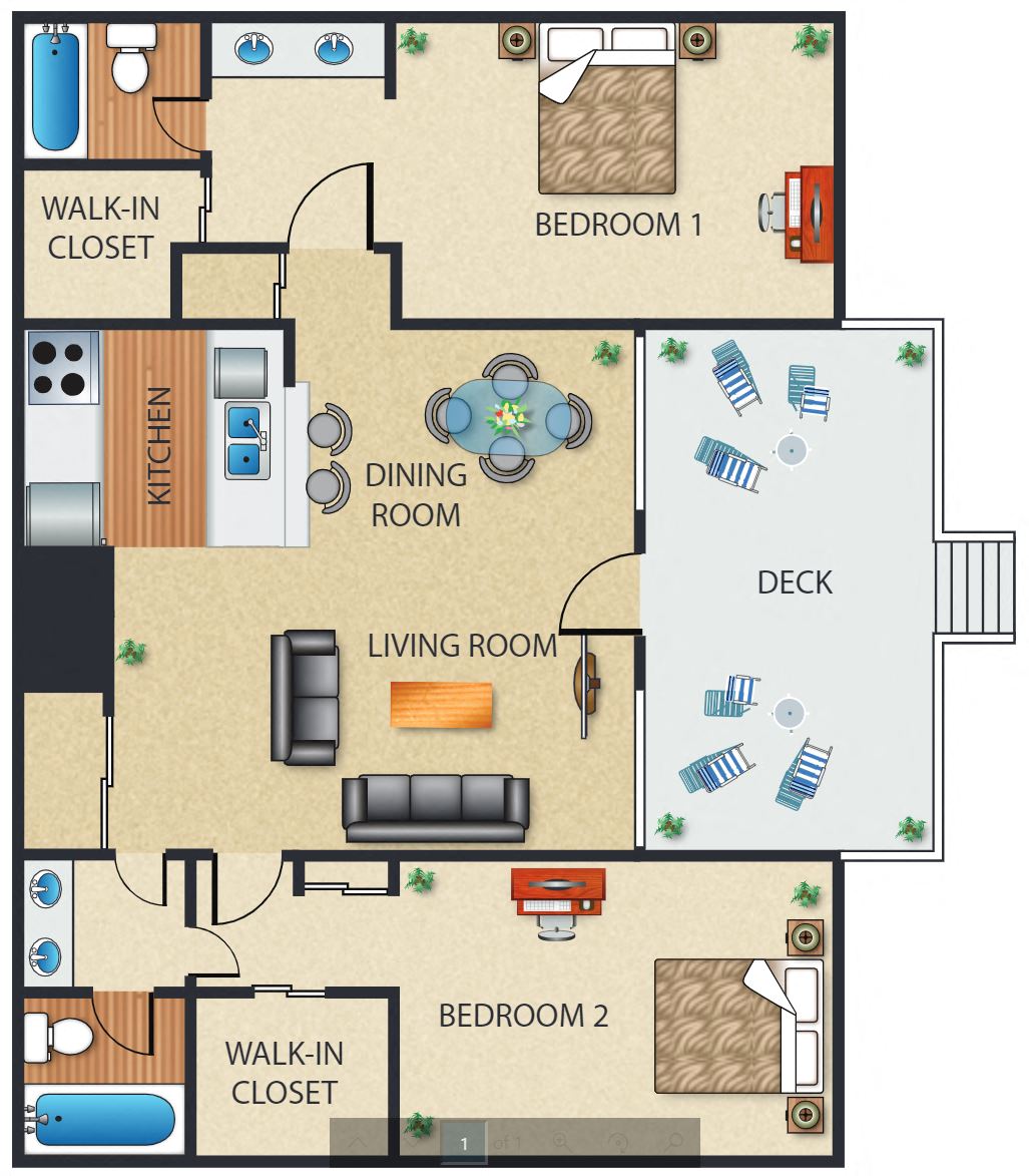 Floor plan for 2 beds, 2 baths, 1175 sqft