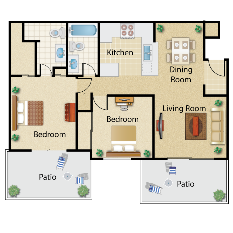 Floor plan for 2 beds, 2 baths, 793 sqft