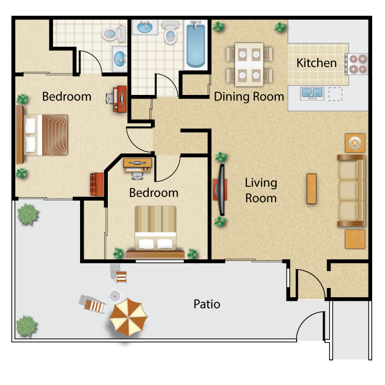 Floor plan for 2 beds, 2 baths, 828 sqft