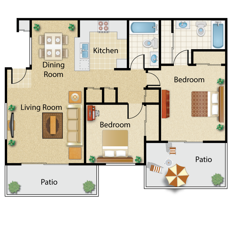 Floor plan for 2 beds, 2 baths, 832 sqft