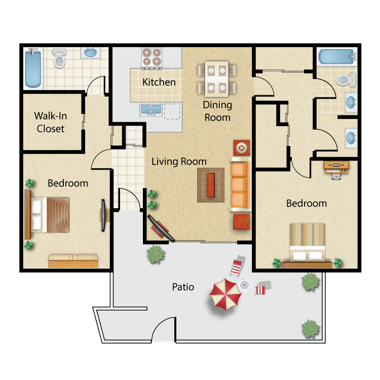 Floor plan for 2 beds, 2 baths, 997 sqft