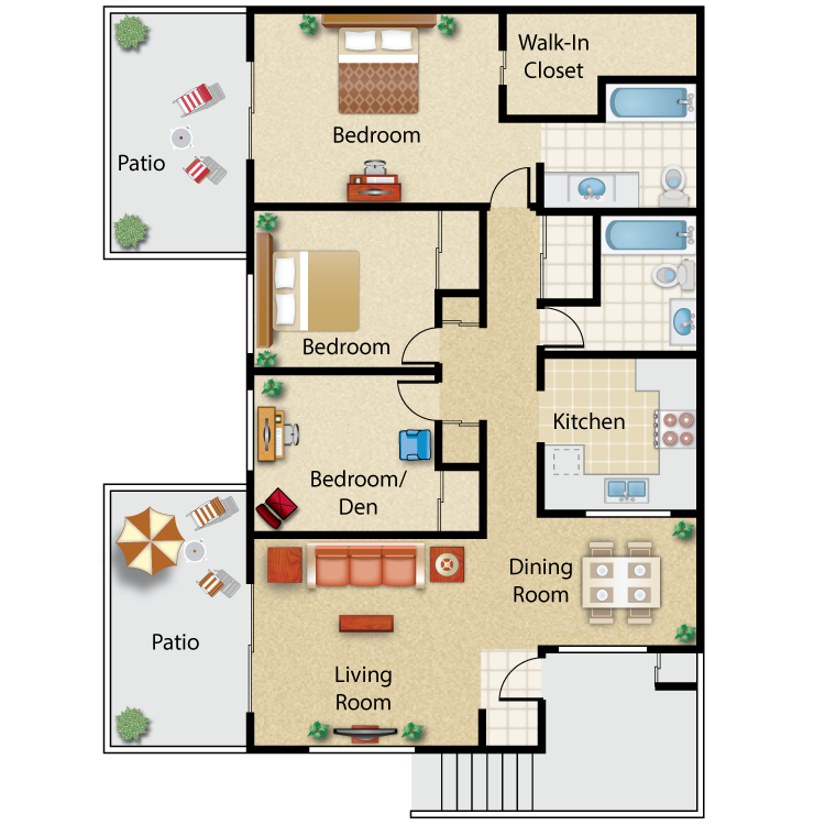 Floor plan for 2 beds, 2 baths, 997 sqft
