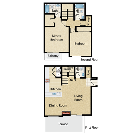 Floor plan for 2 beds, 2.5 baths, 1117 sqft