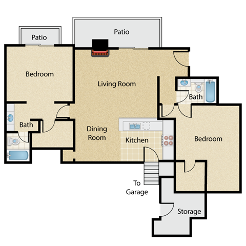Floor plan for 2 beds, 2 baths, 1115 sqft