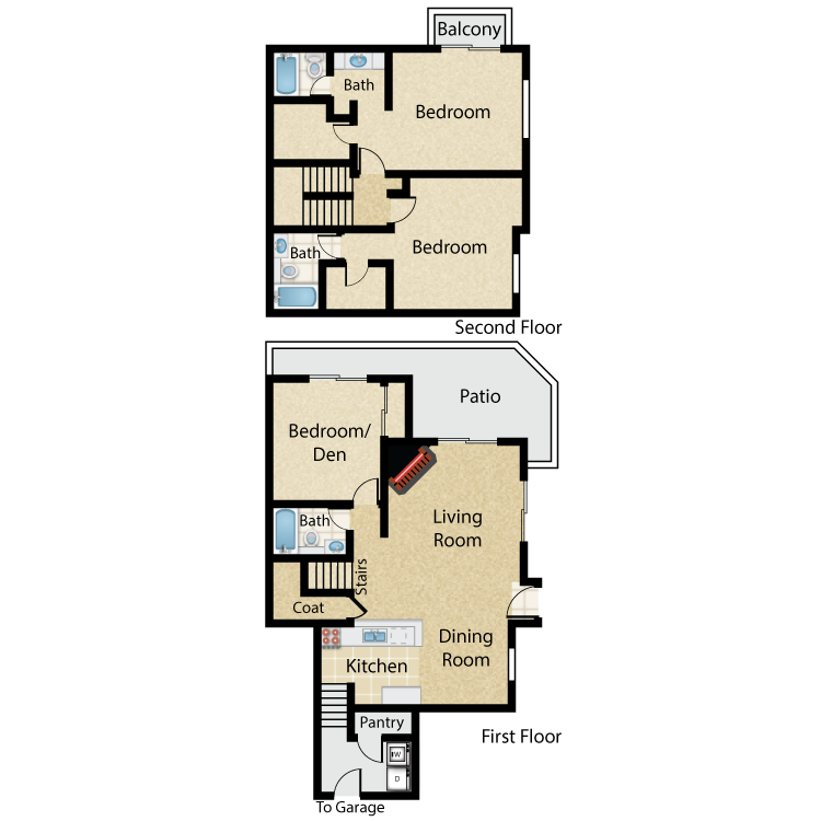 Floor plan for 3 beds, 3 baths, 1430 sqft