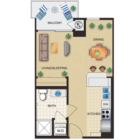 Floor plan for studio, 1 bath, 479 sqft