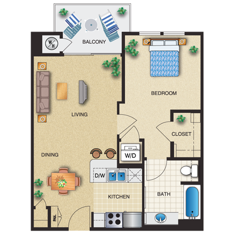 Floor plan for 1 bed, 1 bath, 647 sqft