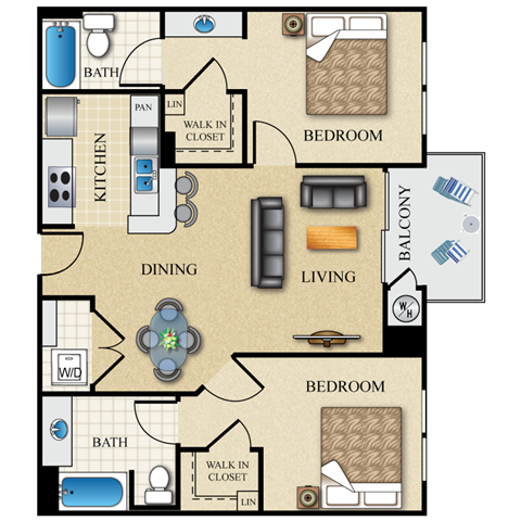 Floor plan for 2 beds, 2 baths, 984 sqft