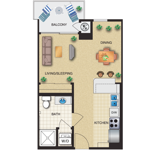 Floor plan for studio, 1 bath, 480 sqft
