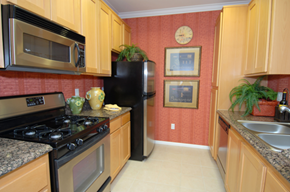 Los Angeles apartment for rent - A kitchen with a black refrigerator and a black stove top oven.