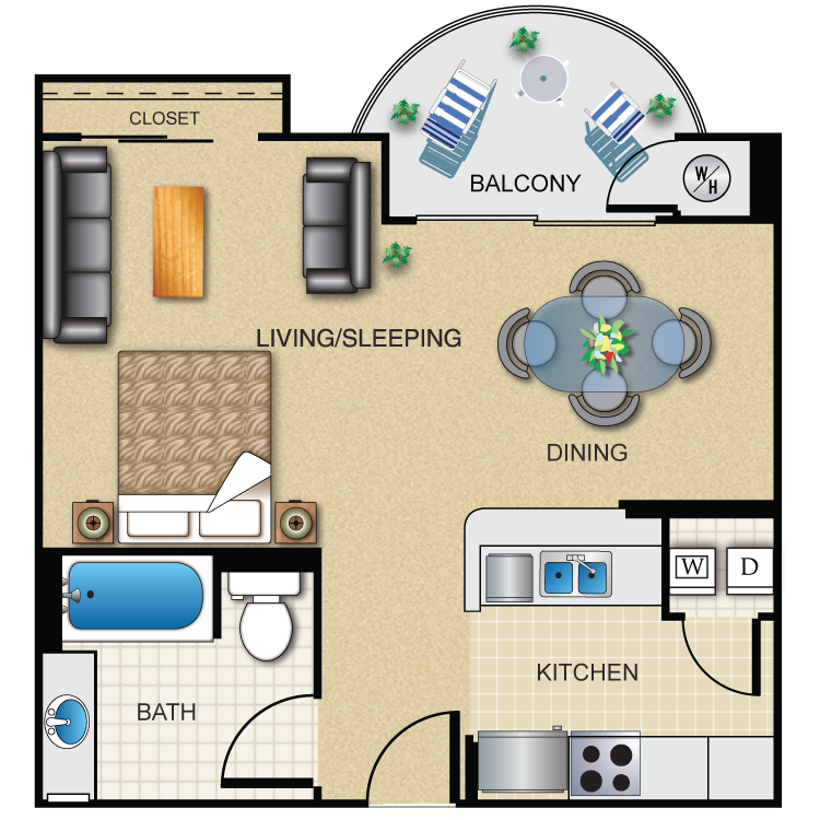 Floor plan for studio, 1 bath, 568 sqft