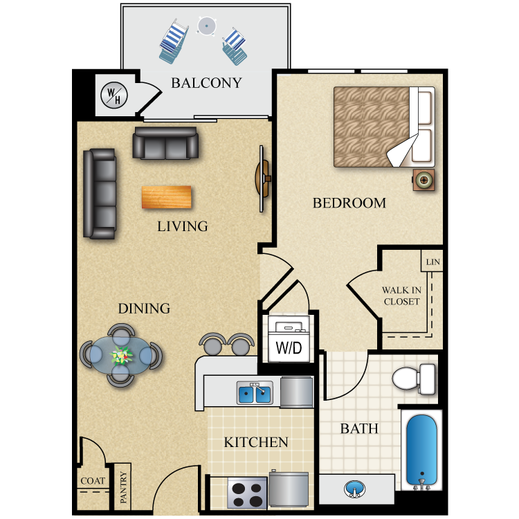 Floor plan for 1 bed, 1 bath, 617 sqft