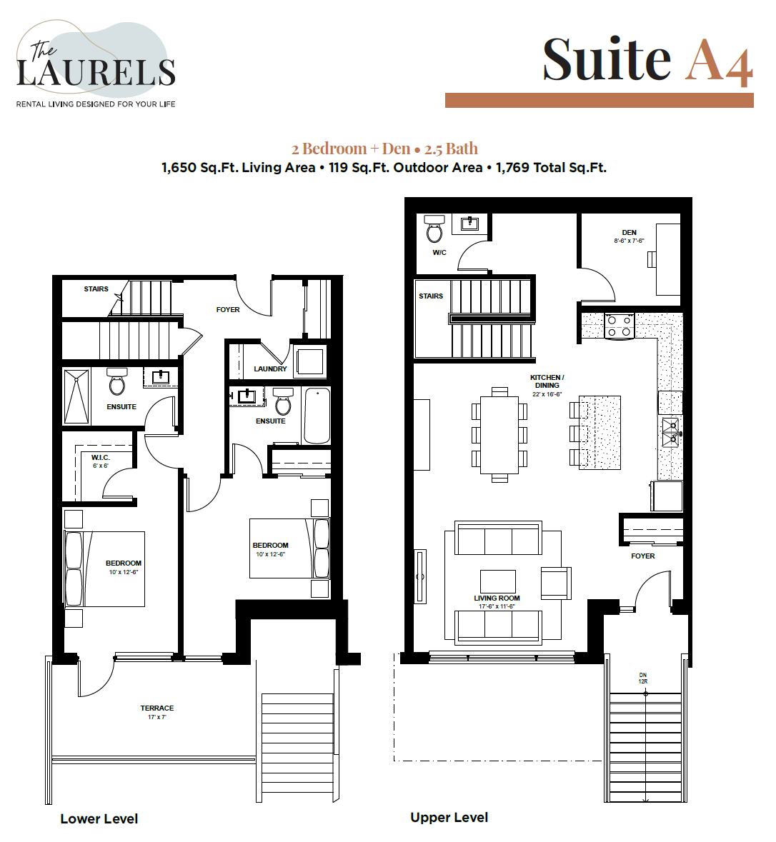 Floor plan for 2 beds, 3 baths, 1650 sqft