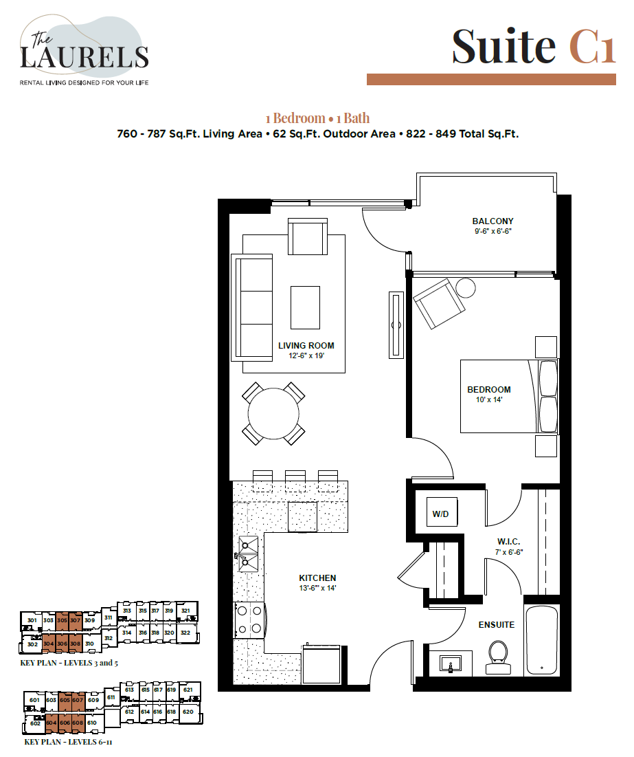 Floor plan for 1 bed, 1 bath, 760 sqft