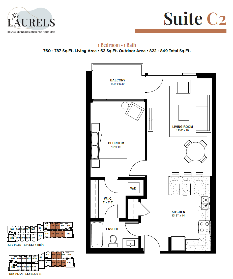 Floor plan for 1 bed, 1 bath, 760 sqft