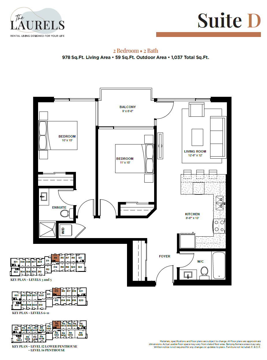 Floor plan for 2 beds, 2 baths, 978 sqft