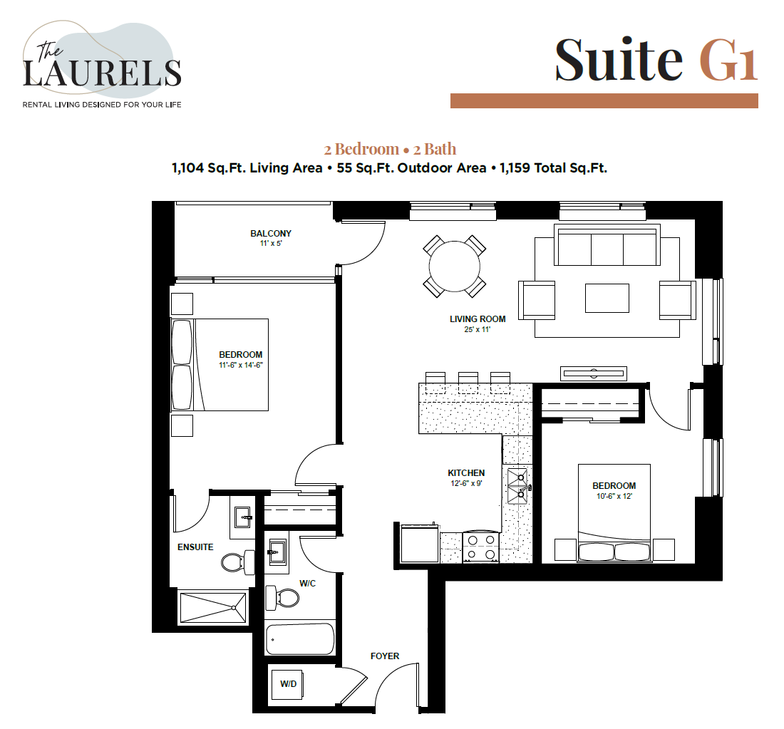Floor plan for 2 beds, 2 baths, 1104 sqft