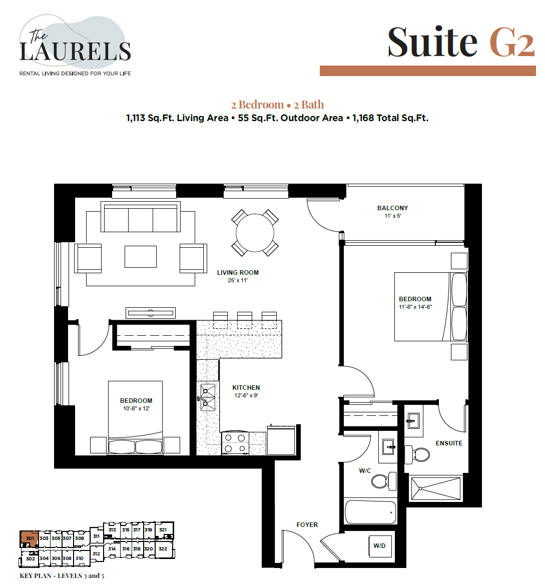 Floor plan for 2 beds, 2 baths, 1113 sqft