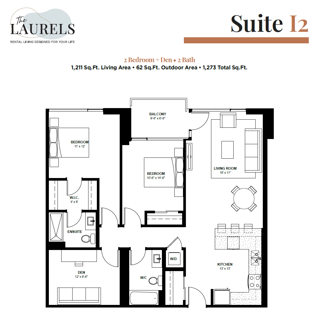 Floor plan for 2 beds, 2 baths, 1211 sqft
