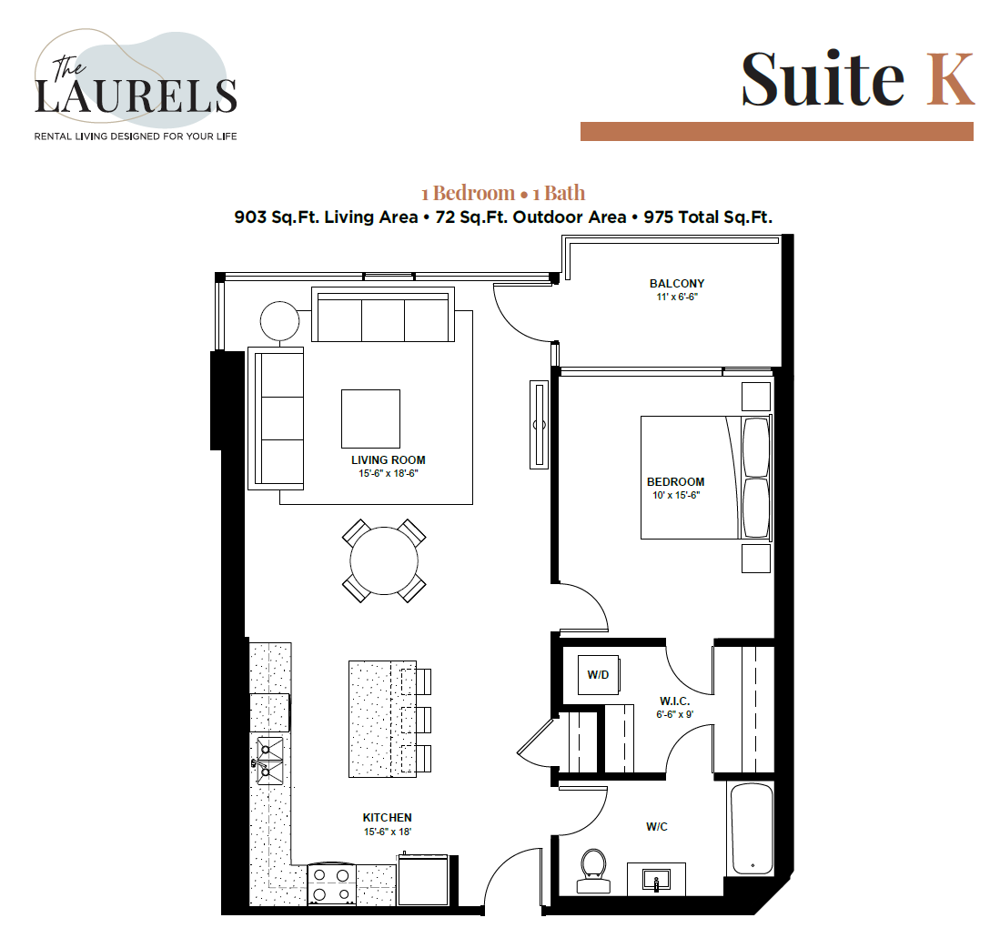 Floor plan for 1 bed, 1 bath, 903 sqft
