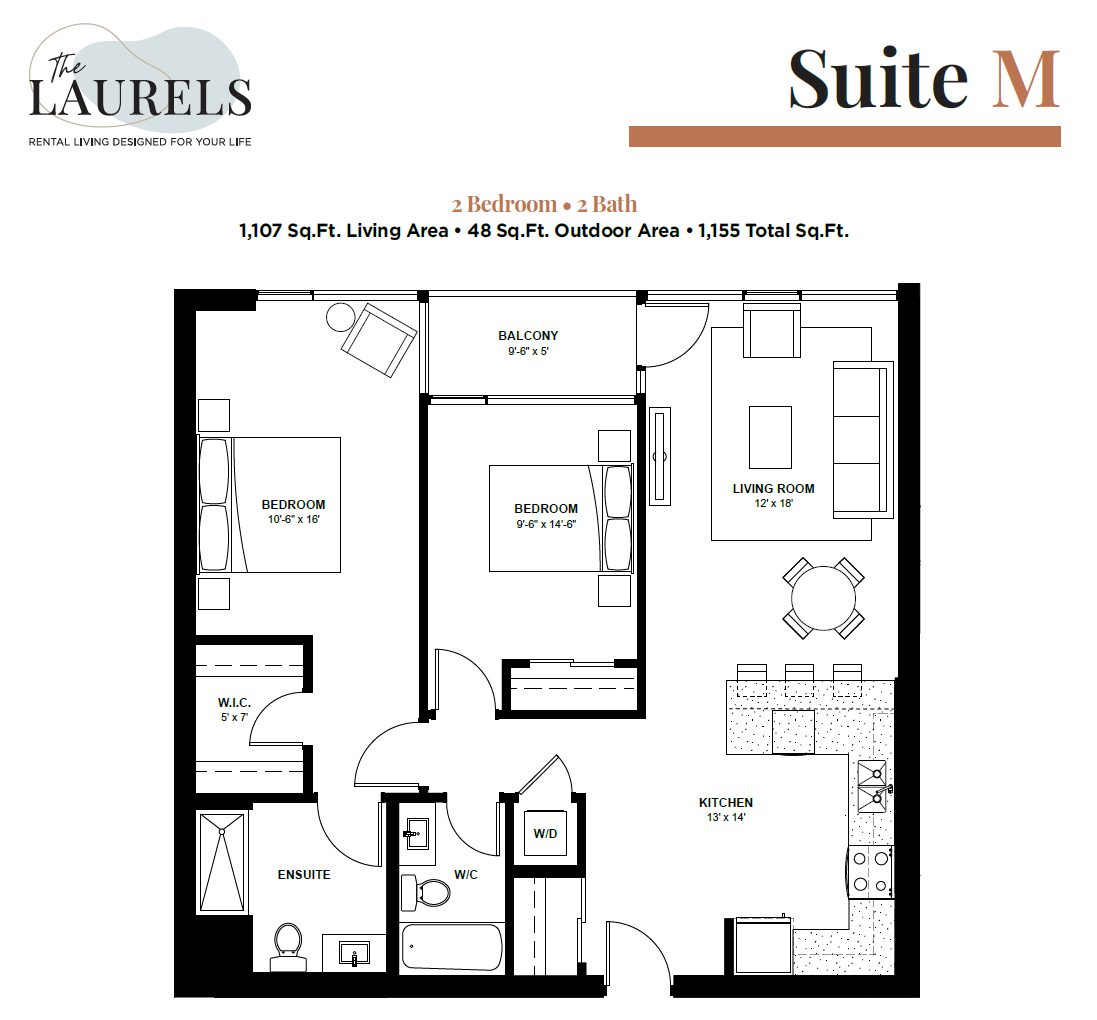 Floor plan for 2 beds, 2 baths, 1107 sqft