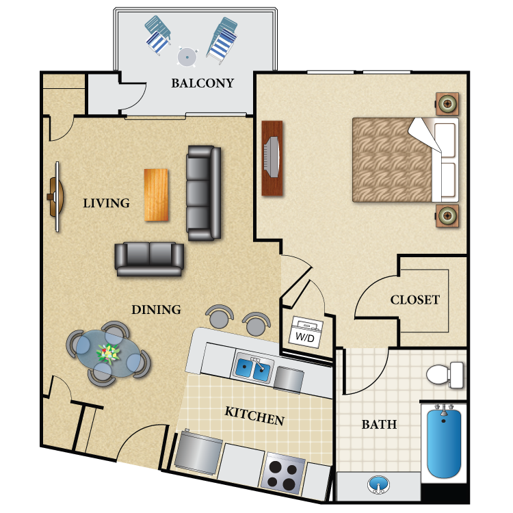 Floor plan for 1 bed, 1 bath, 727 sqft