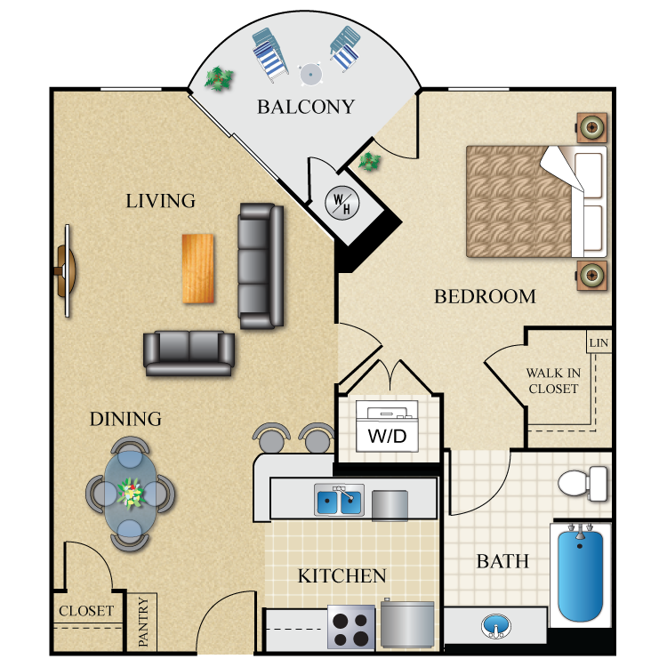 Floor plan for 1 bed, 1 bath, 641 sqft