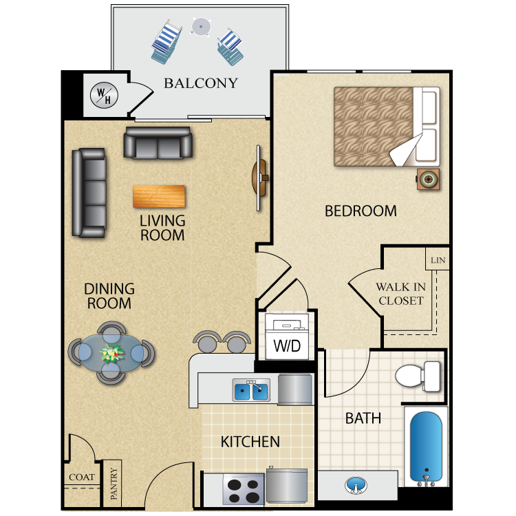 Floor plan for 1 bed, 1 bath, 719 sqft