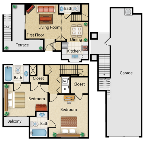 Floor plan for 2 beds, 2.5 baths, 1179 sqft