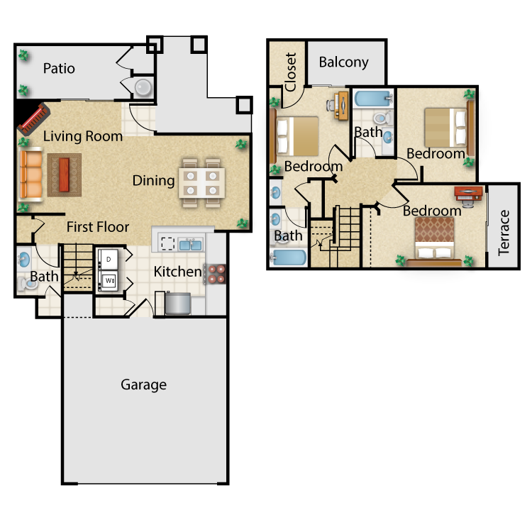 Floor plan for 3 beds, 2.5 baths, 1344 sqft
