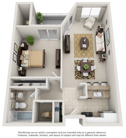 Floor plan for 1 bed, 1 bath, 684 sqft