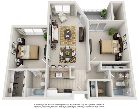 Floor plan for 2 beds, 2 baths, 876 sqft