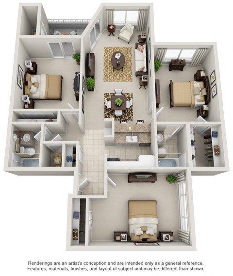Floor plan for 3 beds, 2 baths, 1276 sqft