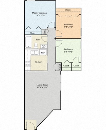Floor plan for 3 beds, 1 bath, 806 sqft