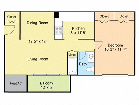 Floor plan for 1 bed, 1 bath, 776 sqft
