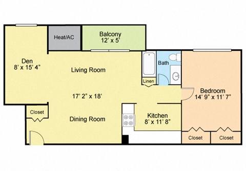 Floor plan for 1 bed, 1 bath, 827 sqft