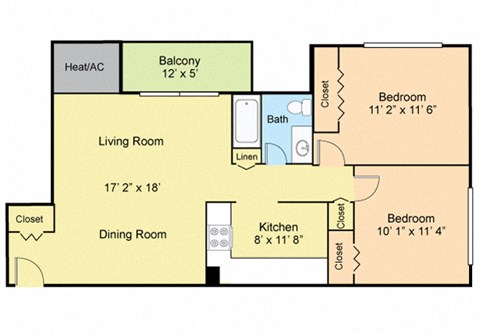 Floor plan for 2 beds, 1 bath, 830 sqft