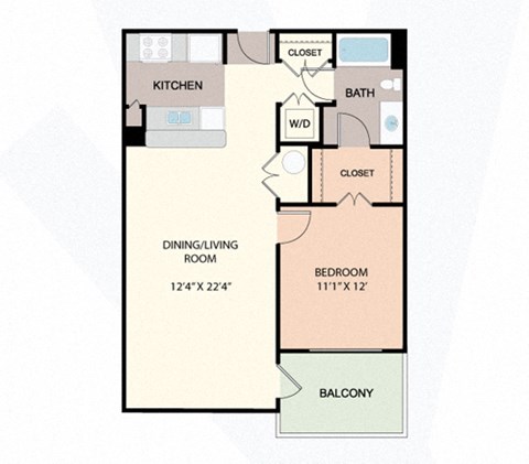 Floor plan for 1 bed, 1 bath, 700 sqft