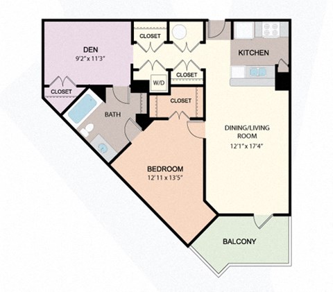 Floor plan for 1 bed, 1 bath, 837 sqft