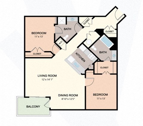 Floor plan for 2 beds, 2 baths, 1103 sqft