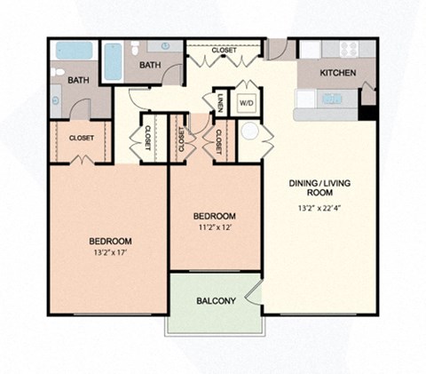 Floor plan for 2 beds, 2 baths, 1162 sqft