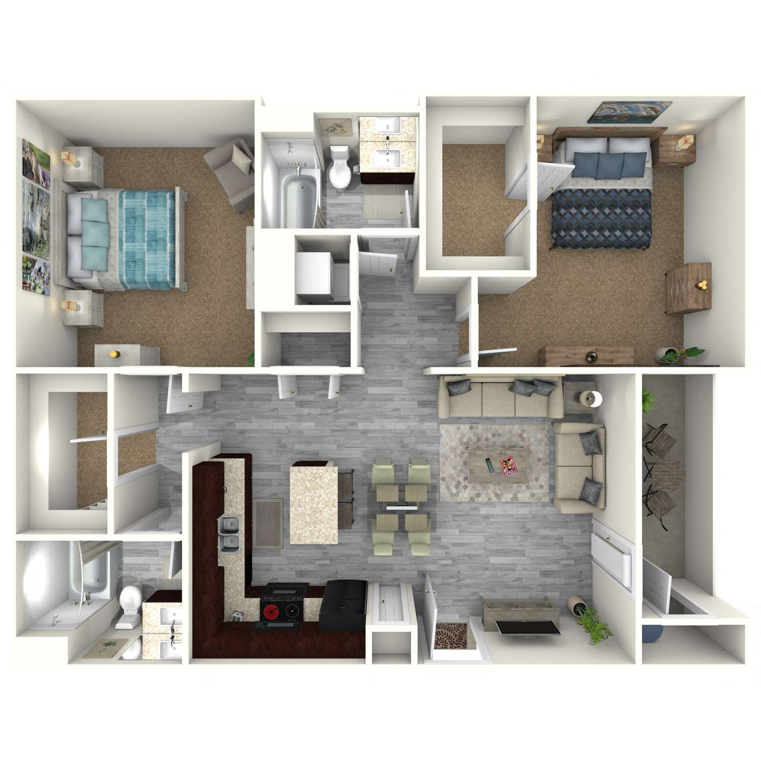 Floor plan for 2 beds, 2 baths, 1023 sqft