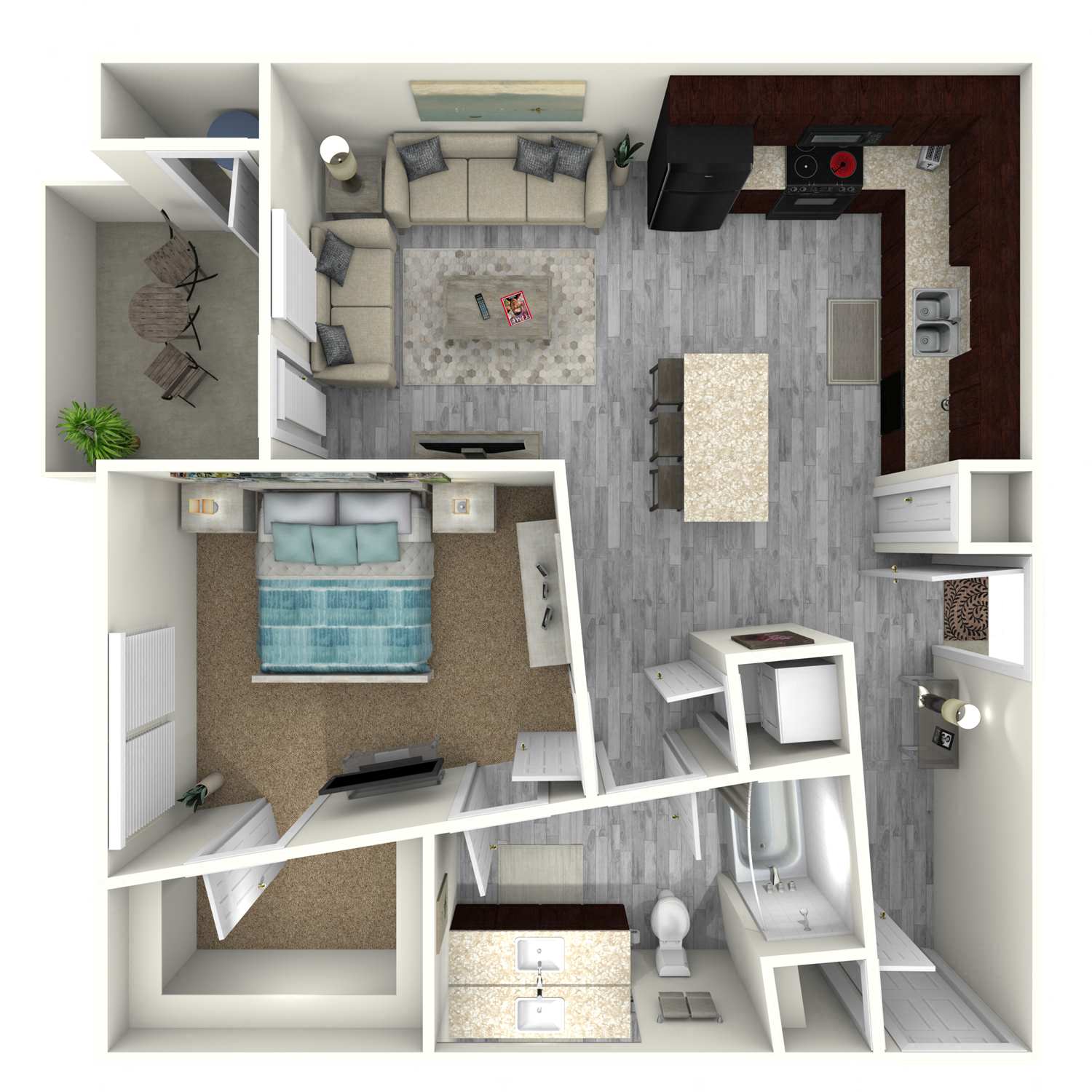 Floor plan for 1 bed, 1 bath, 743 sqft