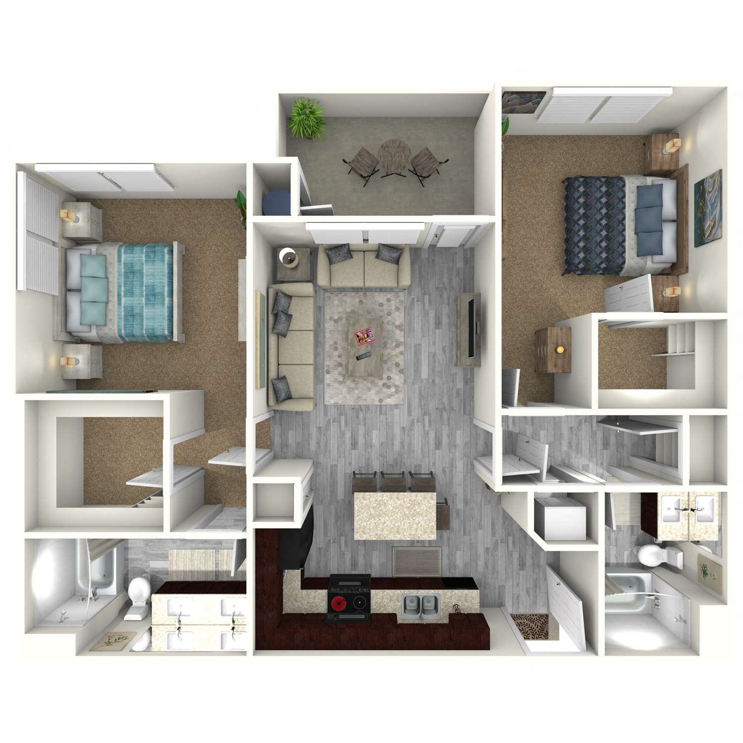 Floor plan for 2 beds, 2 baths, 991 sqft