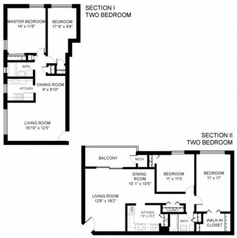 Floor plan for 2 beds, 1 bath, 654 sqft