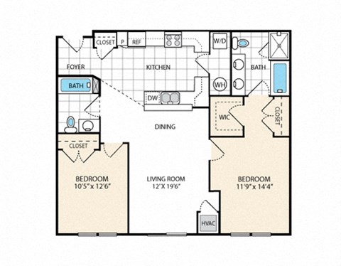 Floor plan for 2 beds, 2 baths, 1044 sqft