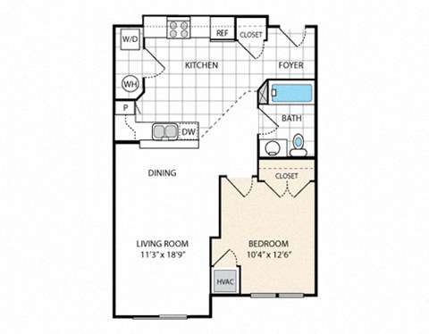 Floor plan for 1 bed, 1 bath, 676 sqft