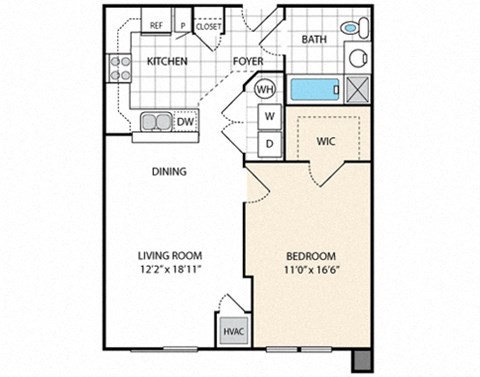 Floor plan for 1 bed, 1 bath, 709 sqft