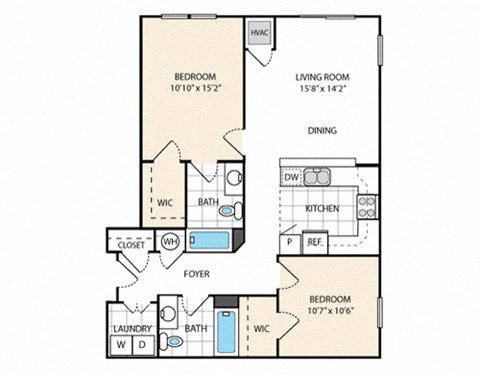 Floor plan for 2 beds, 2 baths, 961 sqft